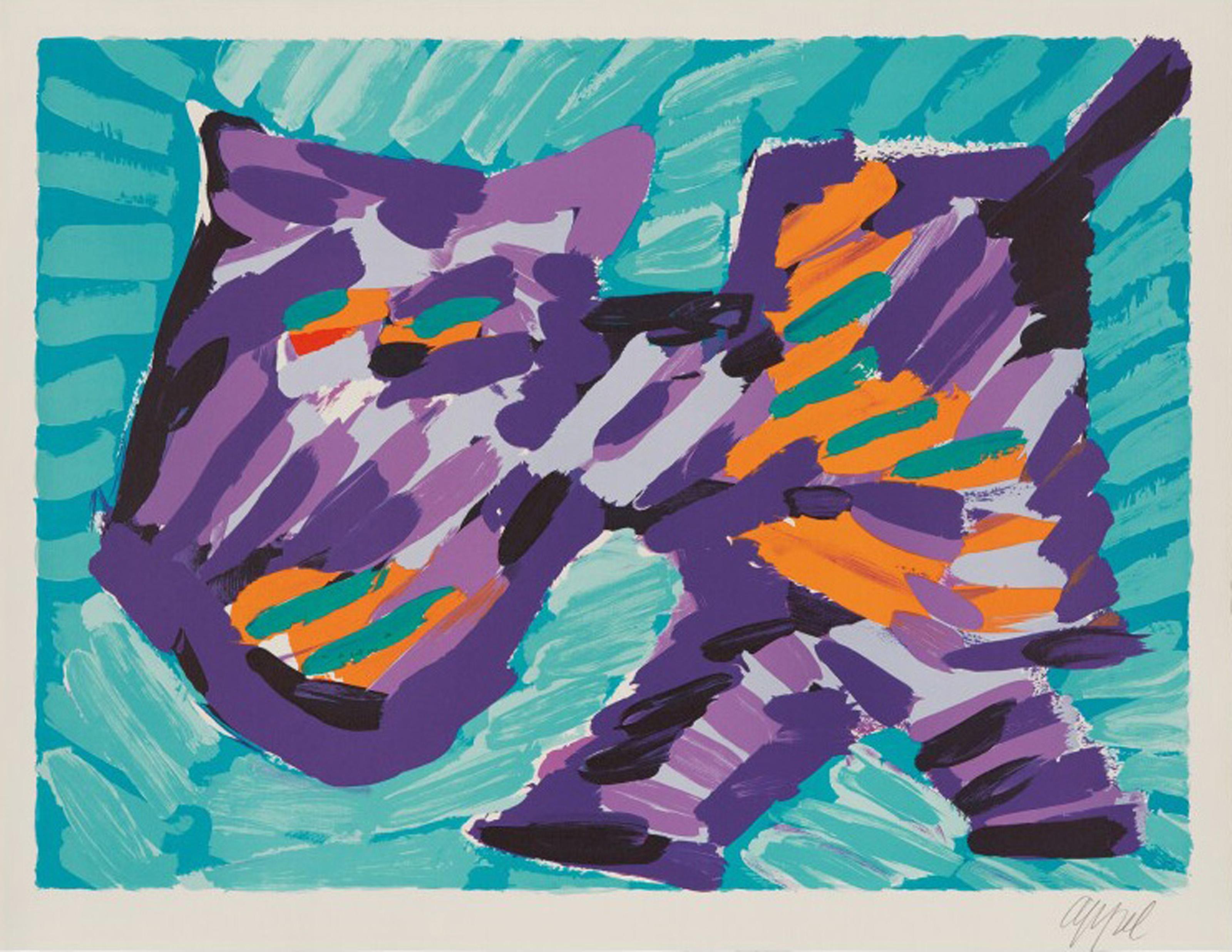 Esta litografía firmada y numerada sobre papel Japón pertenece a una carpeta de 17 grabados del artista moderno Karel Appel. He admiraba al gato doméstico por su comportamiento distante pero instintivo, y se convirtió en uno de sus temas favoritos.