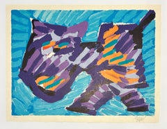 Karel Appel Abstract Cat Color Lithograph Print, Signed, 1978, Walking Cat