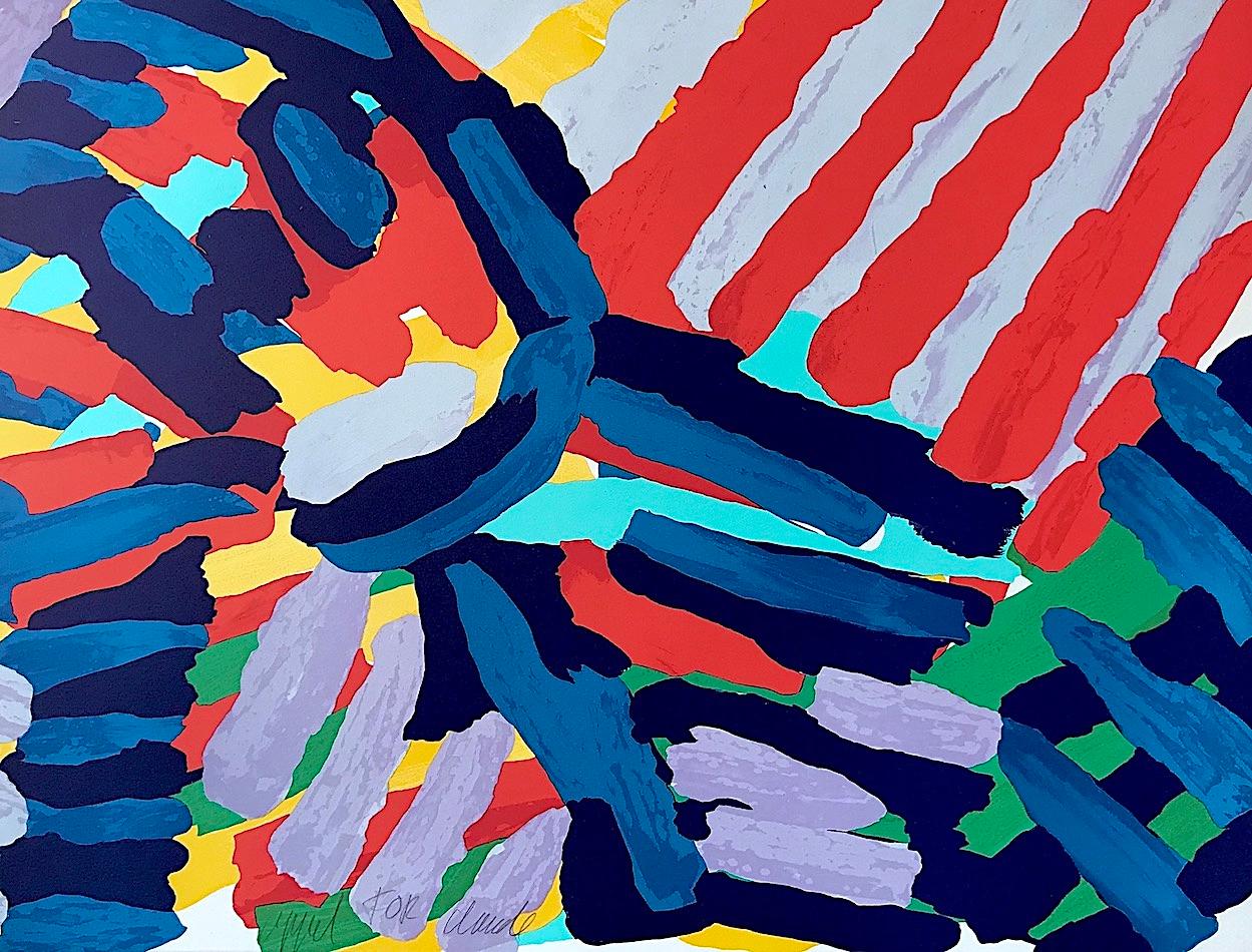 WALKING IN COLORS Litografia firmata, Figura astratta, Blu, Nero, Rosso, Lavanda - Print di Karel Appel