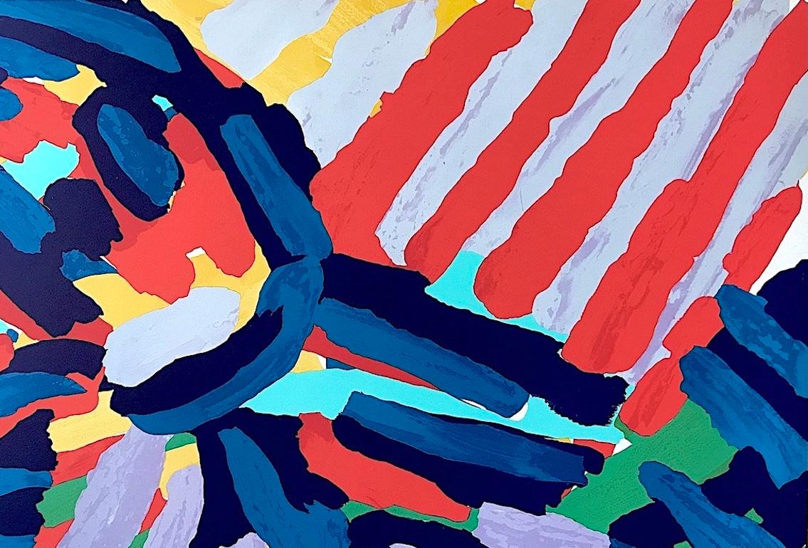 WALKING IN COLORS Litografia firmata, Figura astratta, Blu, Nero, Rosso, Lavanda - Print Astratto di Karel Appel