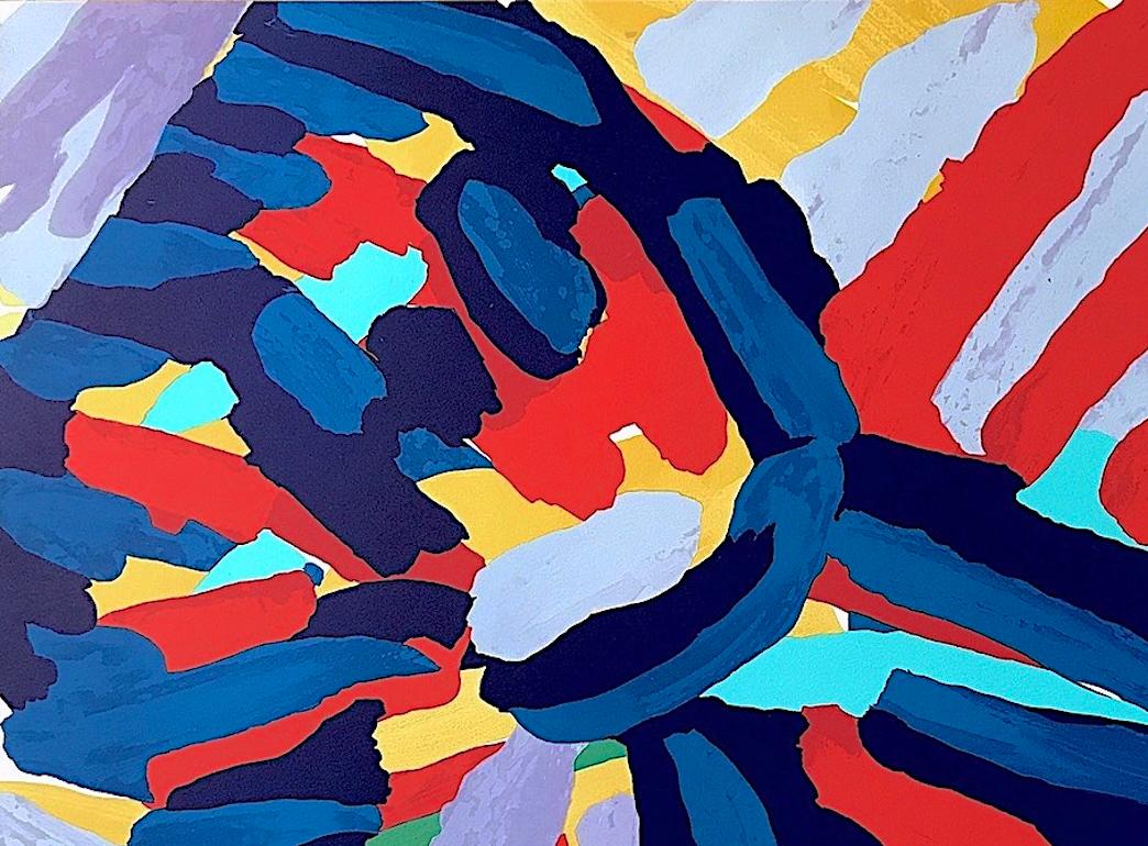 WALKING IN COLORS Litografia firmata, Figura astratta, Blu, Nero, Rosso, Lavanda - Abstract Print Viola di Karel Appel