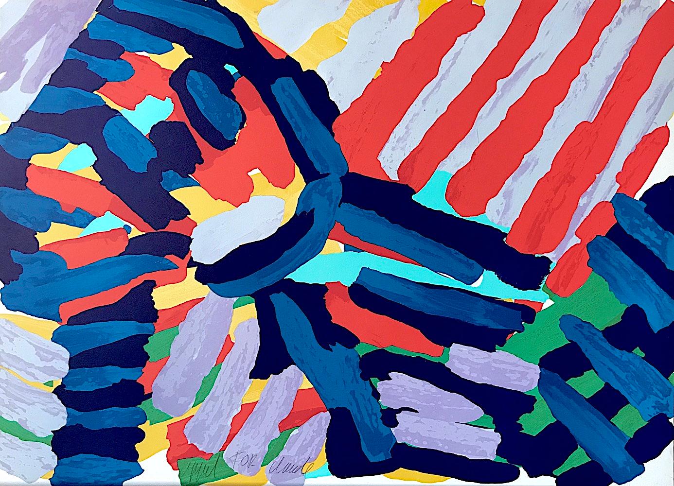 Abstract Print Karel Appel - WALKING IN COLORS - Lithographie signée, figure abstraite, bleue, noire, rouge, lavande