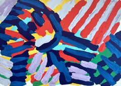 CAMINANDO EN COLORES Litografía firmada, Figura abstracta, Azul, Negro, Rojo, Lavanda