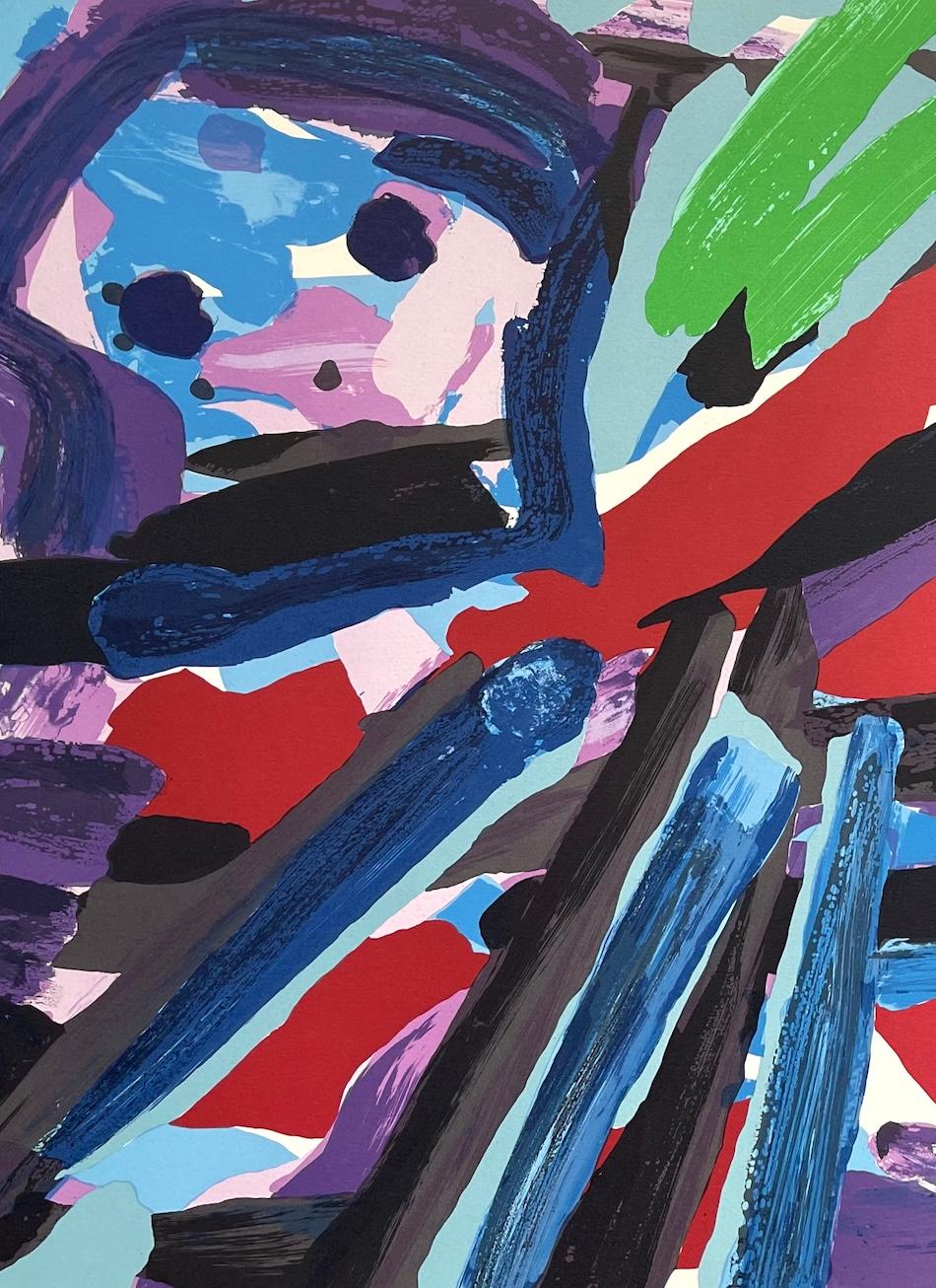 Lithographie signée « WALKING WITH MY BIRD », abstrait figuratif, artiste coBrA - Violet Abstract Print par Karel Appel