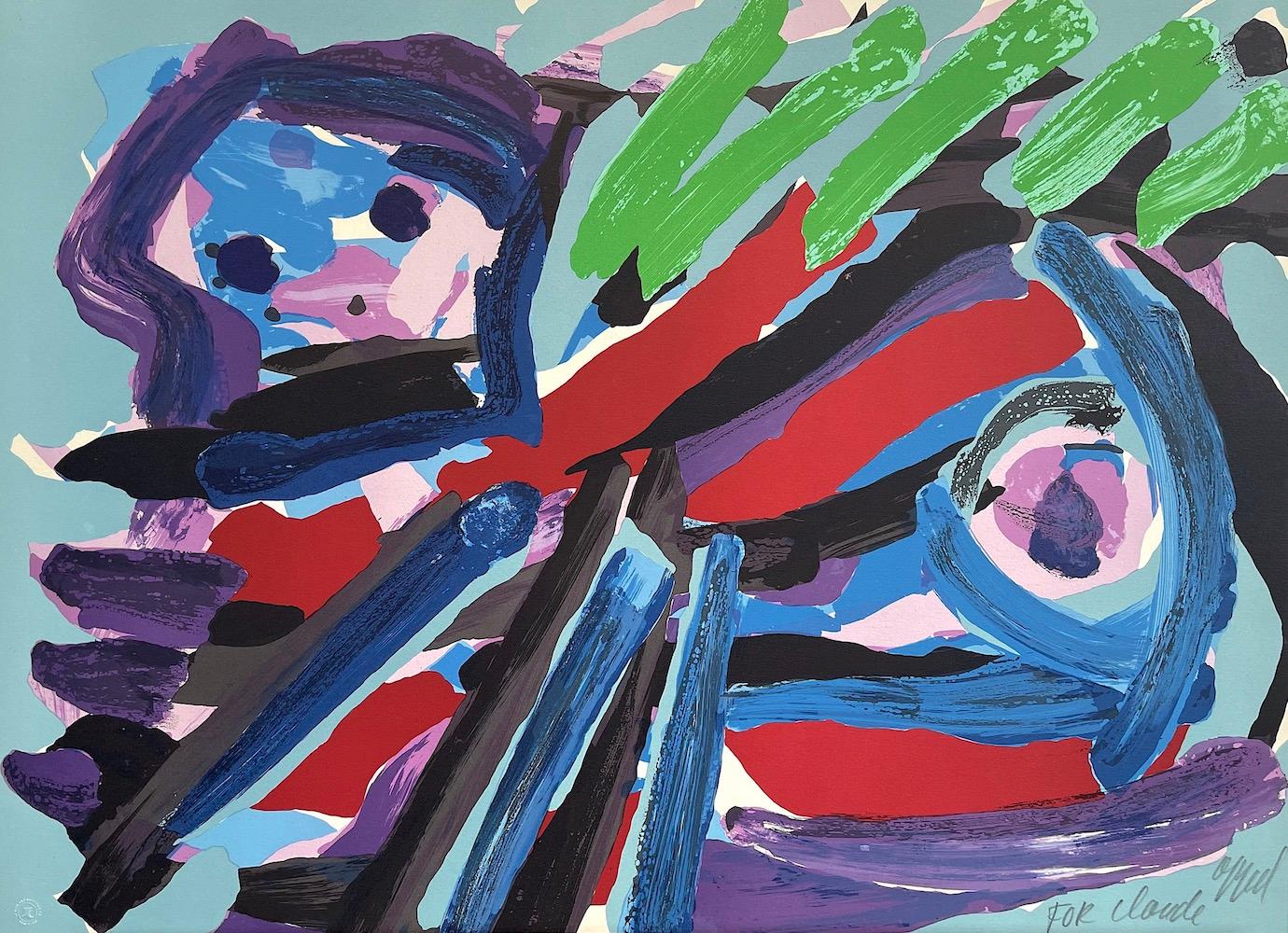 Lithographie signée « WALKING WITH MY BIRD », abstrait figuratif, artiste coBrA