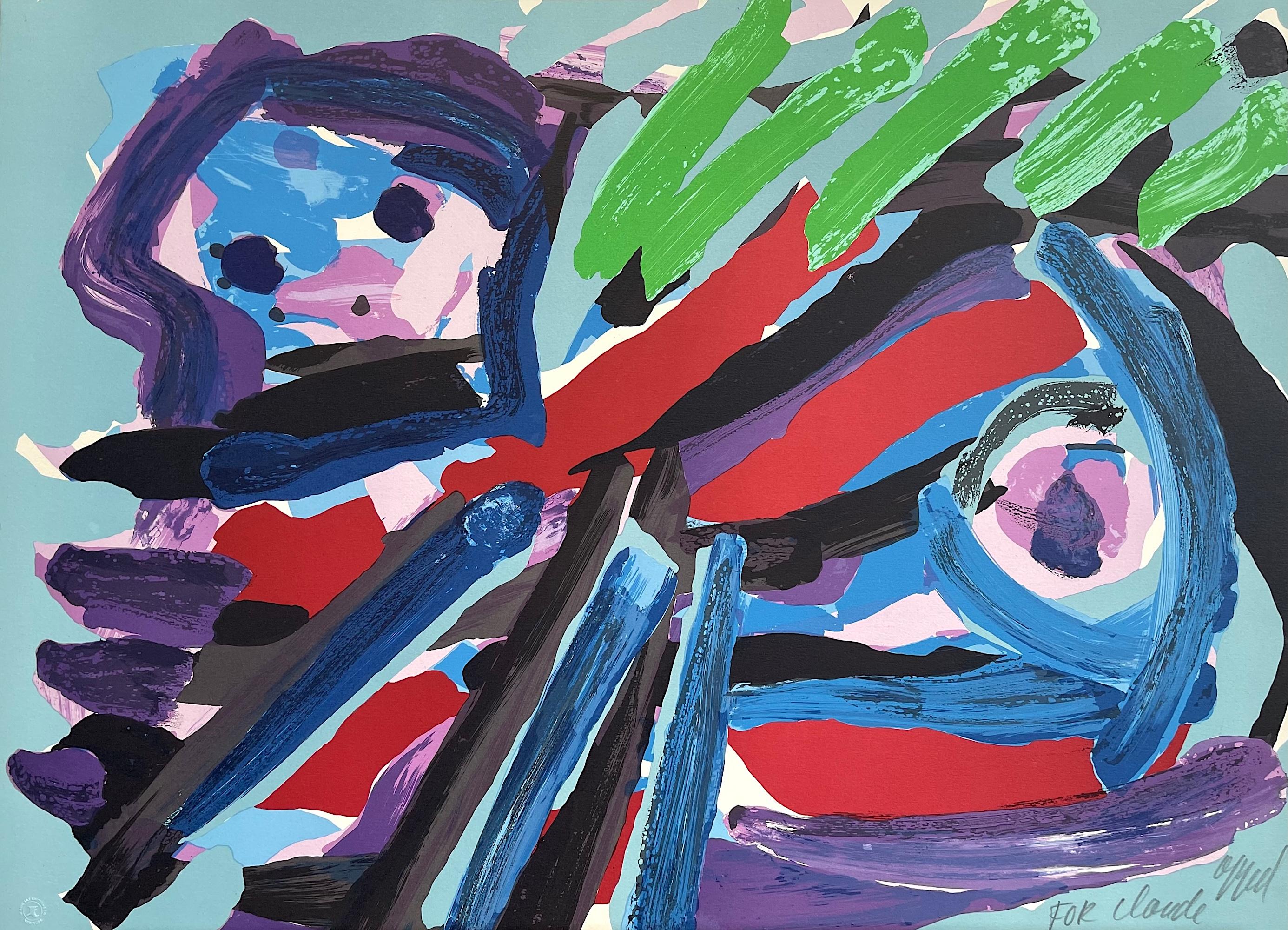 Karel Appel Abstract Print - WALKING WITH MY BIRD Signed Lithograph, Figurative Abstract, CoBrA Artist