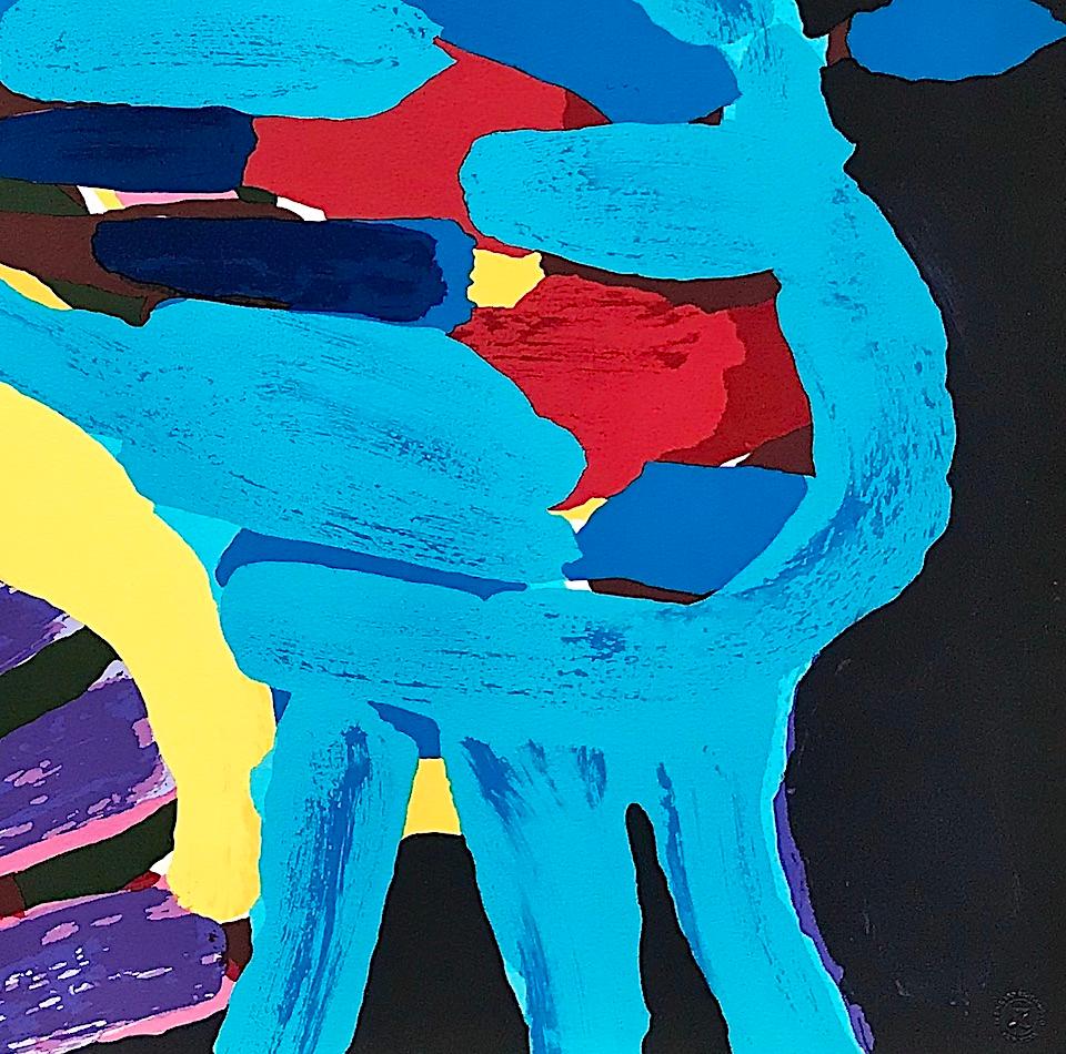 Lithographie signée « WITH MY PUSSYCAT », animal abstrait, chat bleu, artiste CoBrA - Abstrait Print par Karel Appel