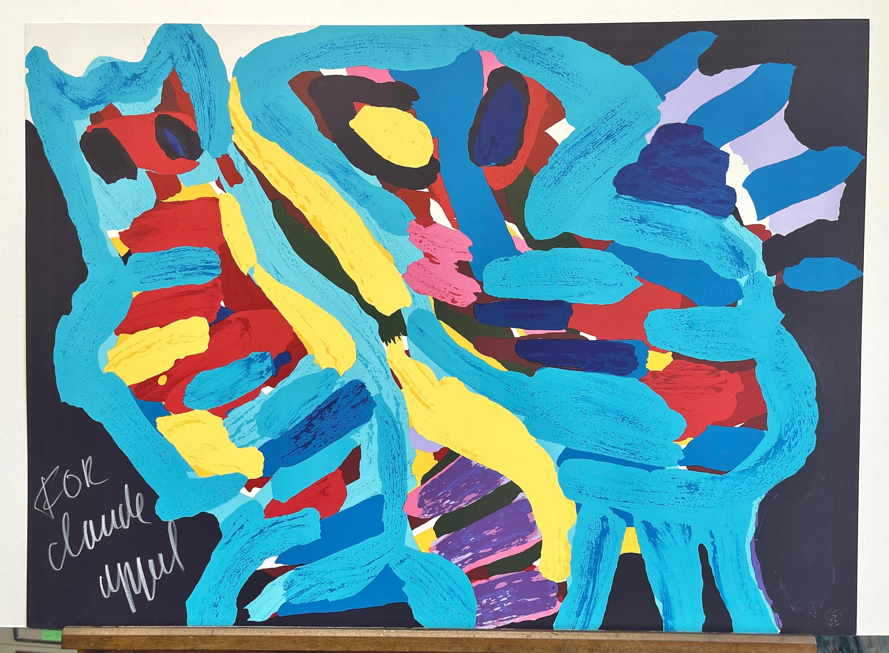 WITH MY PUSSYCAT Signed Lithograph, Abstract Cat and Person, Blue, Red, Yellow For Sale 5