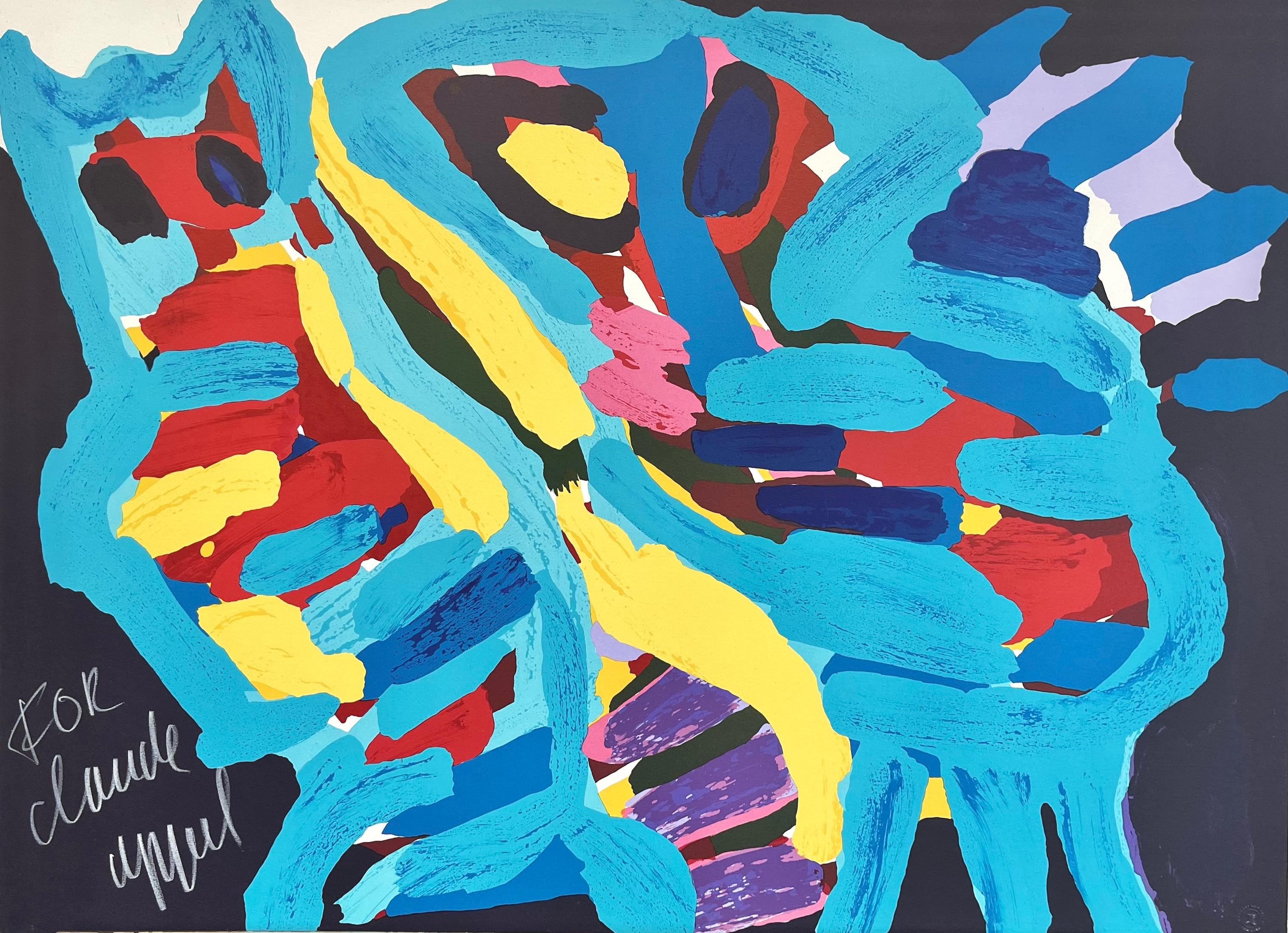 WITH MY PUSSYCAT Signed Lithograph, Abstract Cat and Person, Blue, Red, Yellow