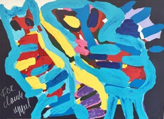 Con il mio gatto, litografia firmata, animale astratto, gatto blu, artista CoBrA