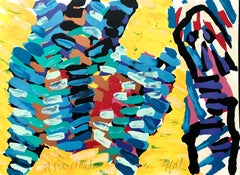 YELLOW FIELDS Signierte Lithographie, farbenfrohes abstraktes Tier, lila Auge, Person