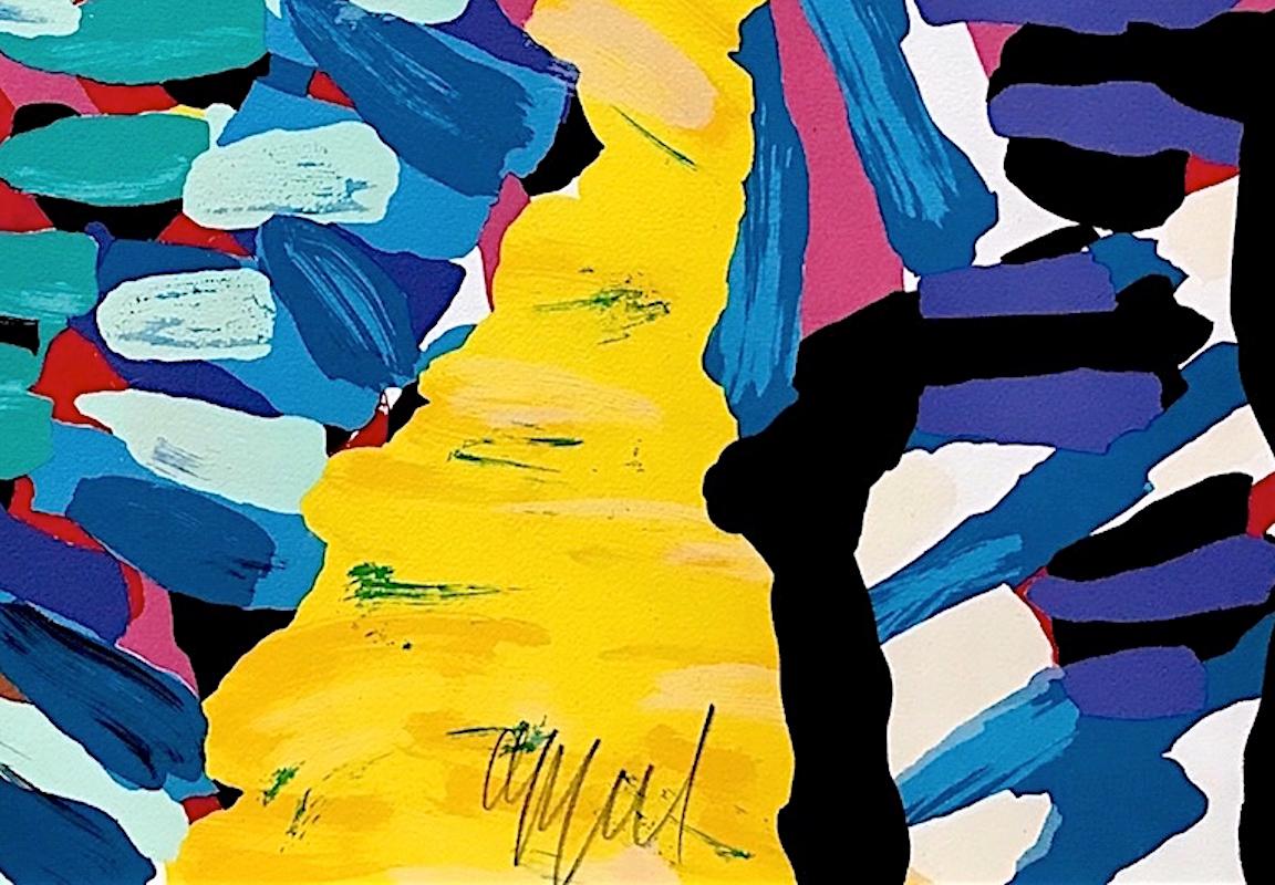 YELLOW FIELDS Signed Lithograph, Colorful Abstract Animal, Purple Eyed Person For Sale 1