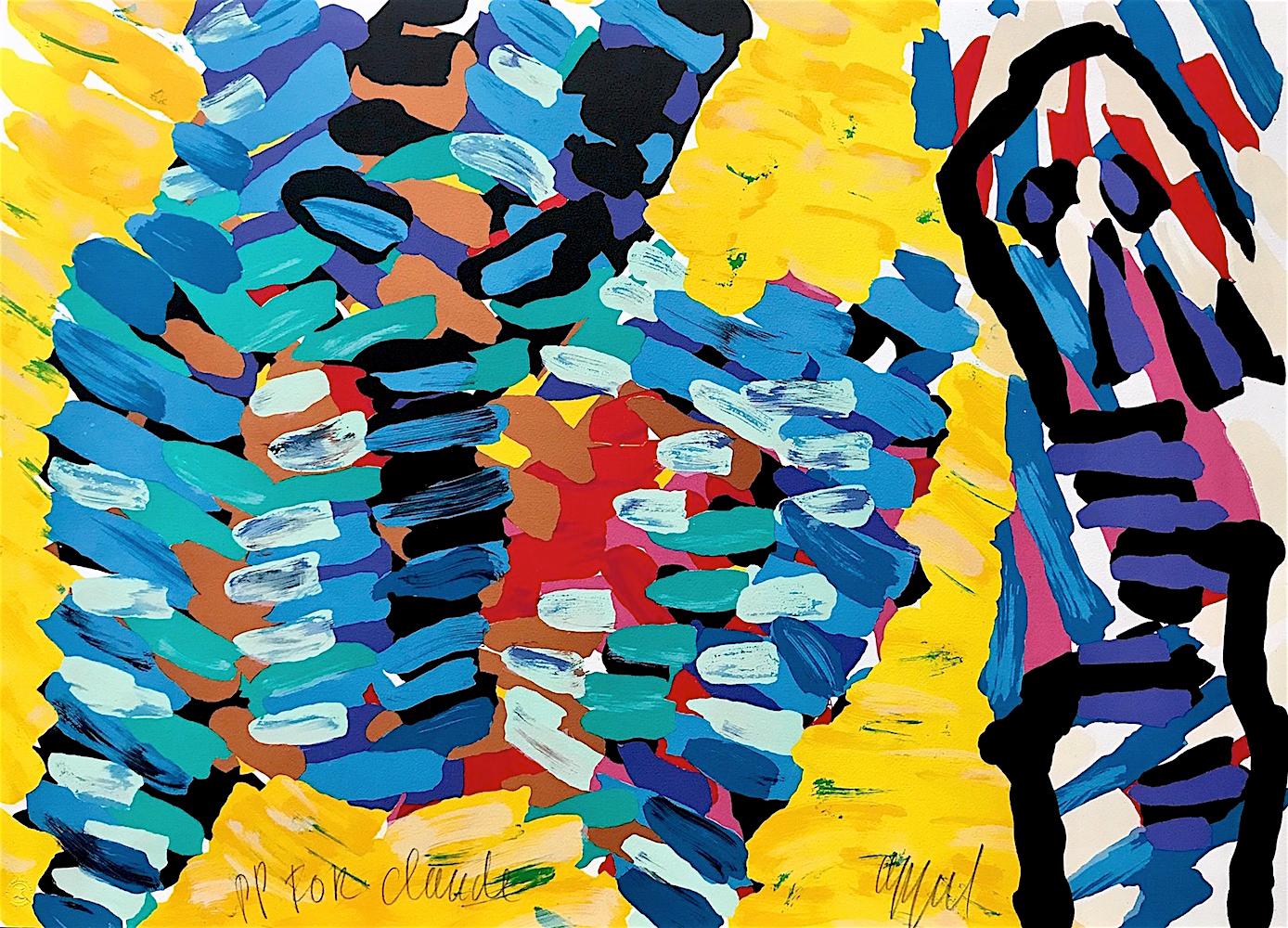 YELLOW FIELDS Signed Lithograph, Colorful Abstract Animal, Purple Eyed Person For Sale 2