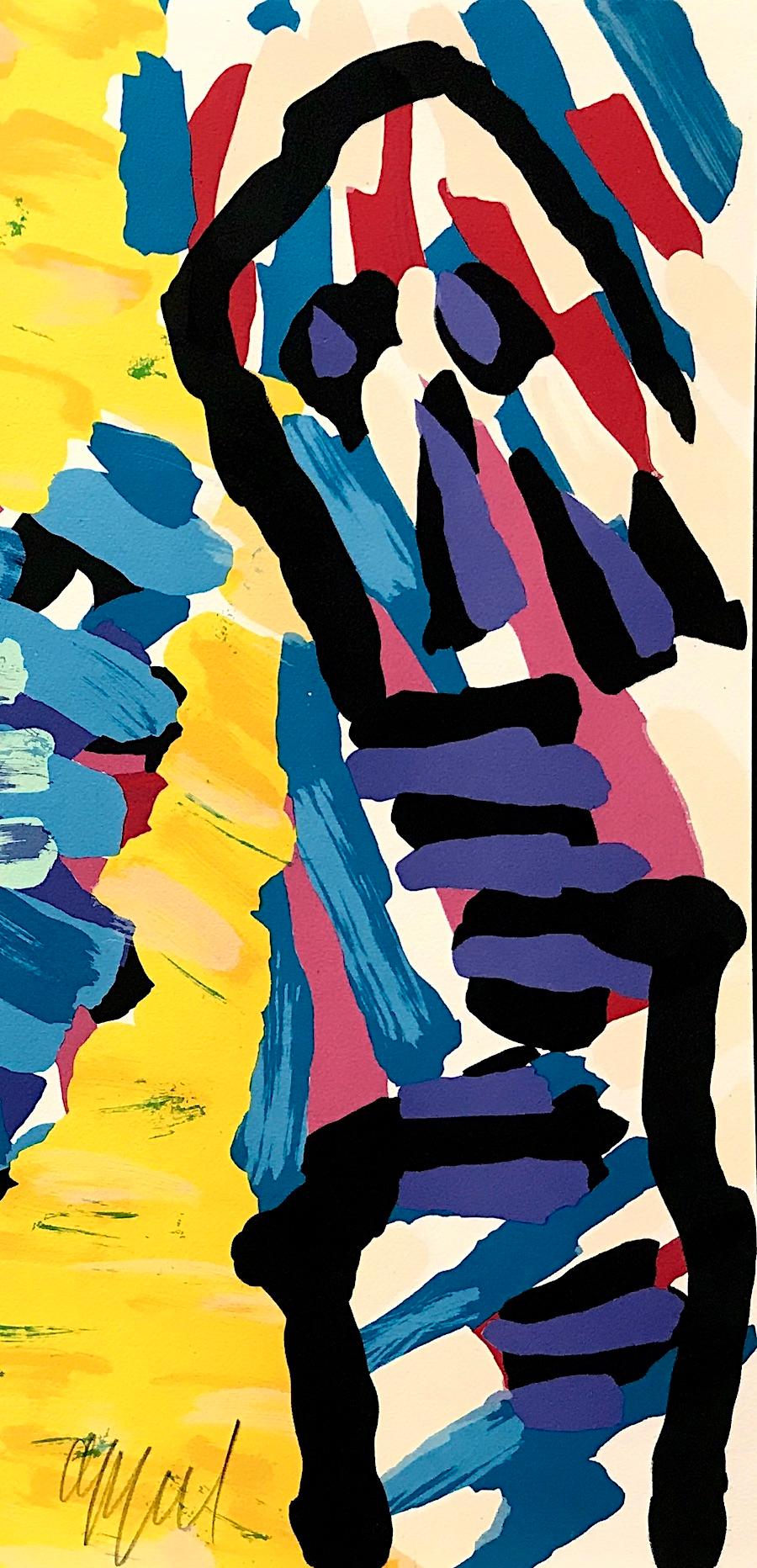 YELLOW FIELDS Signed Lithograph, Colorful Abstract Animal, Purple Eyed Person - Blue Abstract Print by Karel Appel