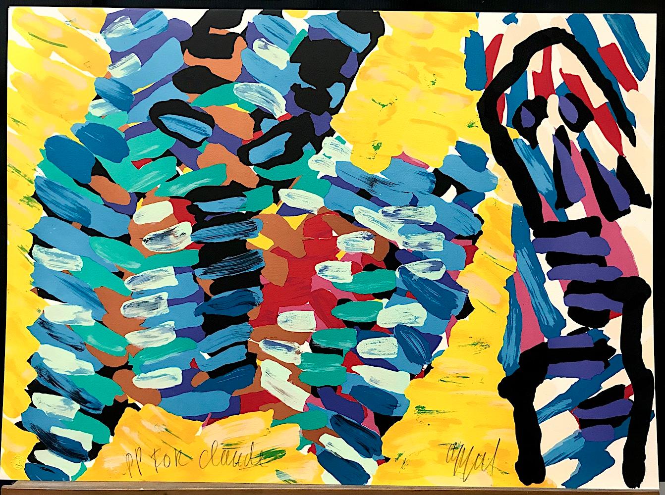 YELLOW FIELDS Signed Lithograph, Colorful Abstract Animal, Purple Eyed Person For Sale 5