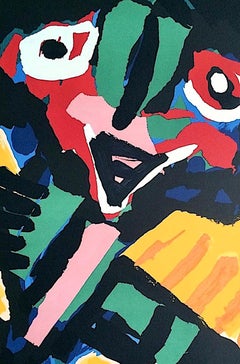 YELLOW PERSONNAGE Signed Lithograph, Abstract Collage Portrait, CoBrA Artist