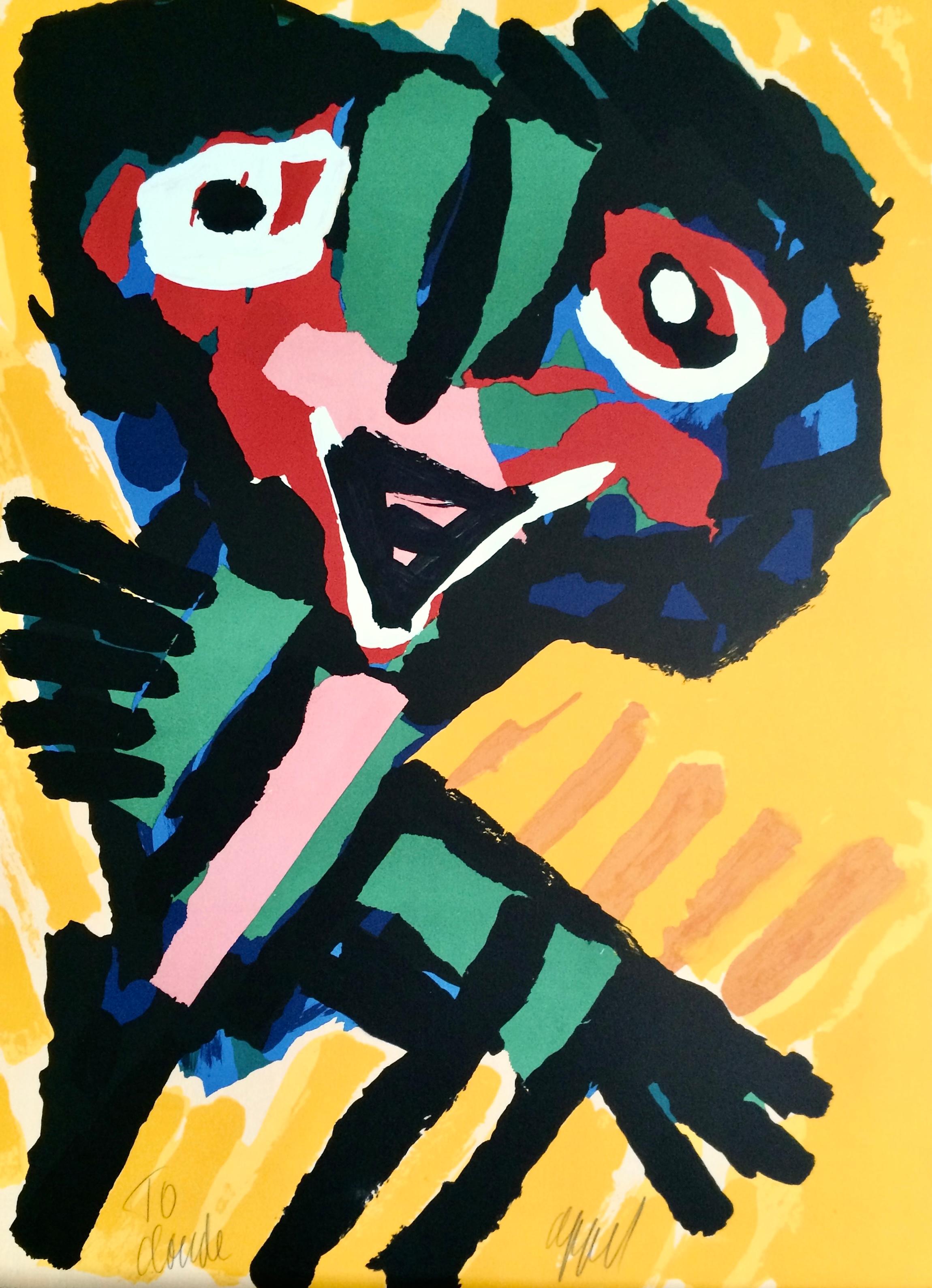 PERSONAGGIO GIALLO Firmato Litografia, Ritratto astratto a collage, Artista CoBrA