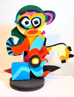 Karel Appel Sculpture de cobra en bois peinte à la main, expressionniste et colorée, Pop Art