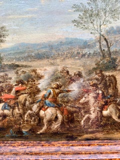 Antique 17th or 18th century Dutch Men on horses in Battle in a landscape