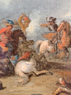 Antique 17th or 18th century Dutch Men on horses in Battle in a landscape