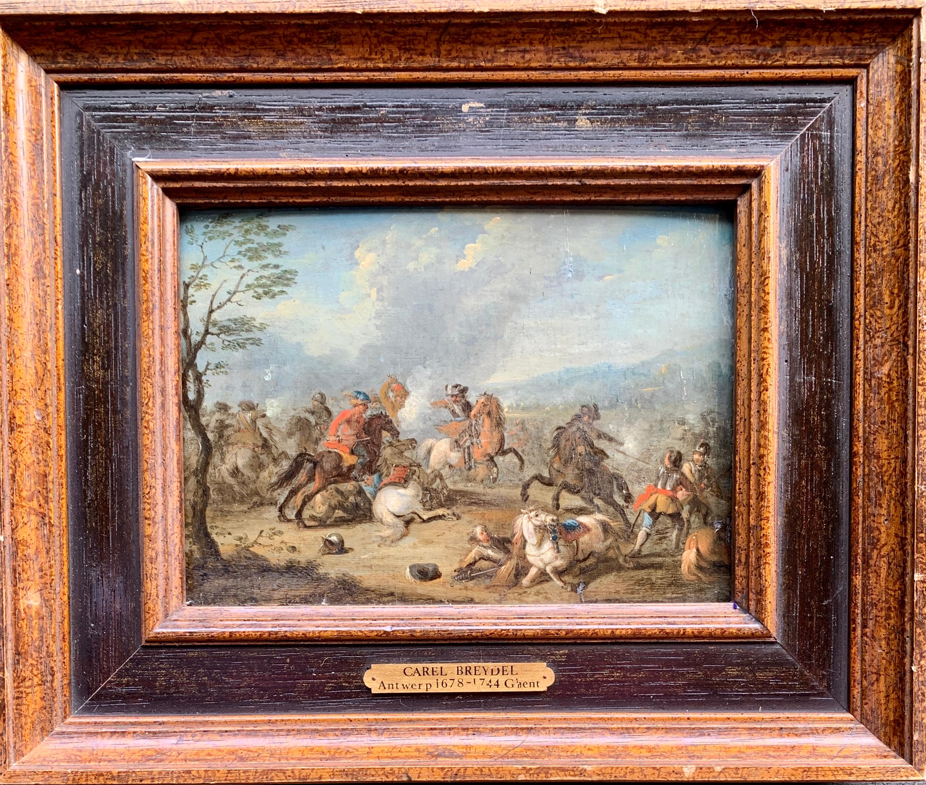 Antique 17th or 18th century Dutch Men on horses in Battle in a landscape