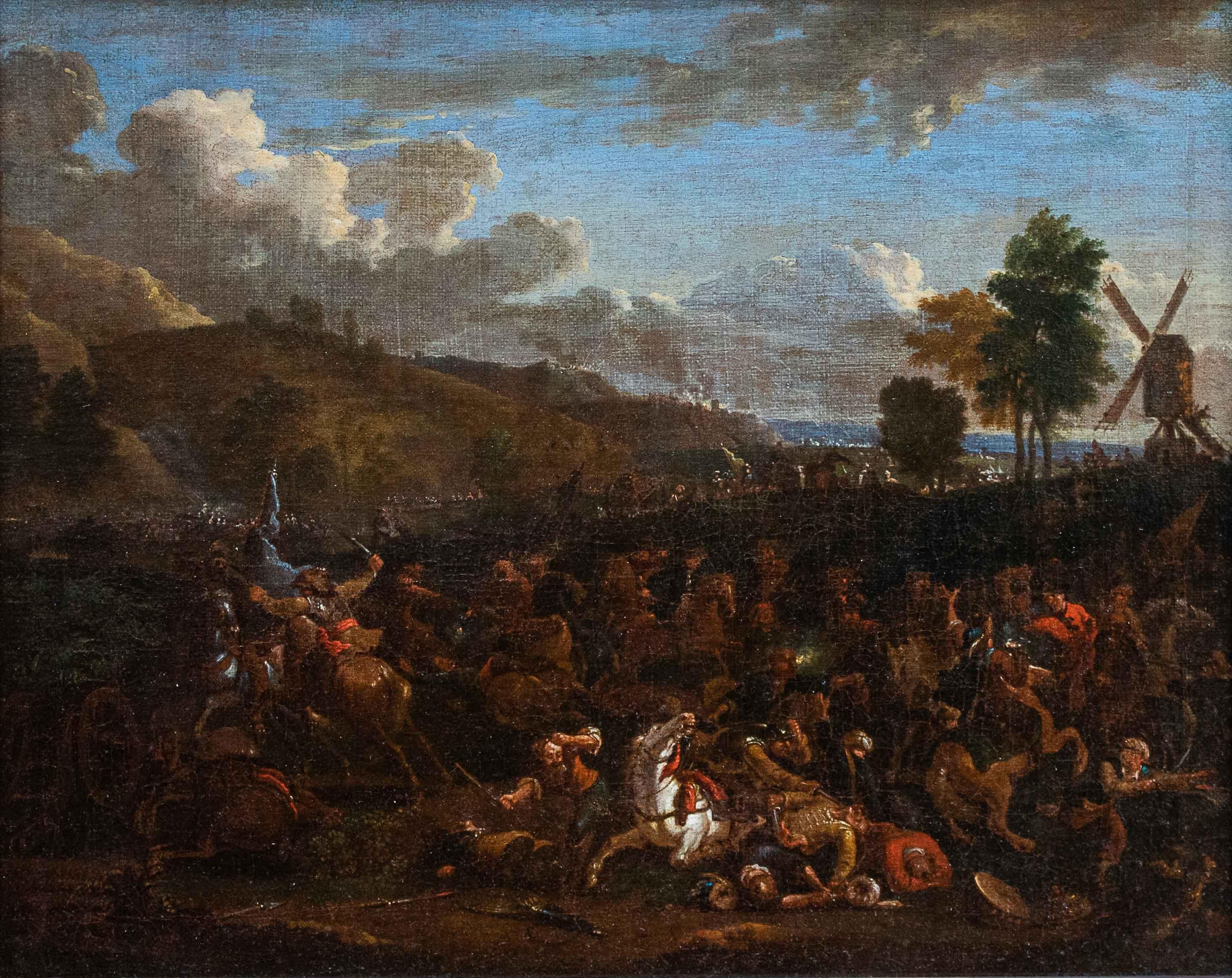 Battle scene Oil painting on canvas Attributed to Karel Breydel For Sale 1