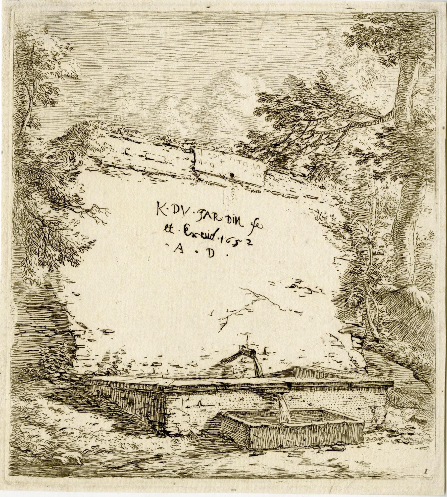 Karel Dujardin Landscape Print – Frontispiz mit gestufter Brunne.