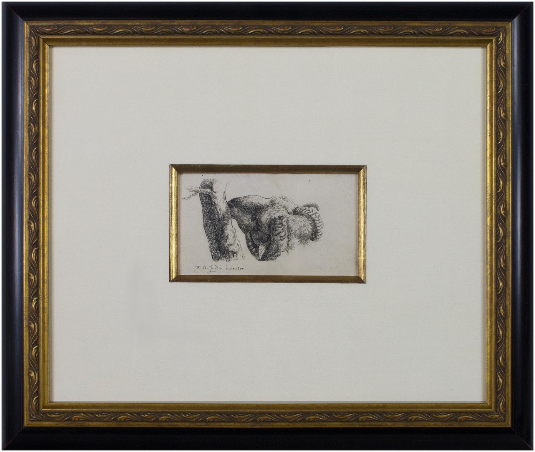 siglo xvii grabado grabado animal boceto carnero oveja árbol blanco y negro firmado - Animal Print Gris de Karel Dujardin