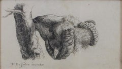 Incisione del XVII secolo con stampa animale, schizzo di ariete, pecora e albero in bianco e nero, firmata