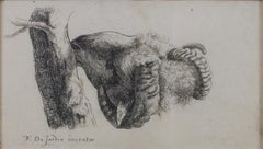 Antique "Ram Eating Bark, " Etching signed by Karel DuJardin