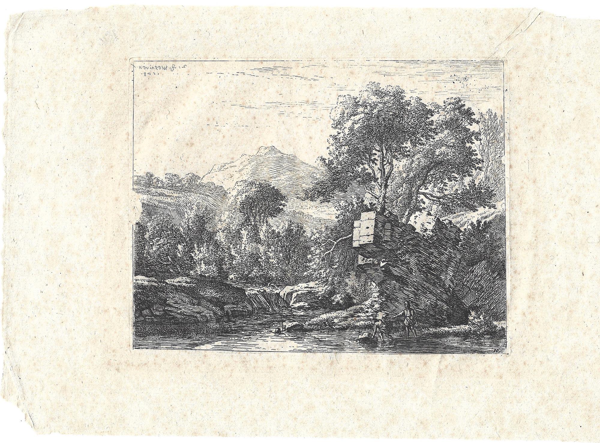 Two men standing ankle-deep in a body of water, rocky outcrop ... hilltop - Print by Karel Dujardin
