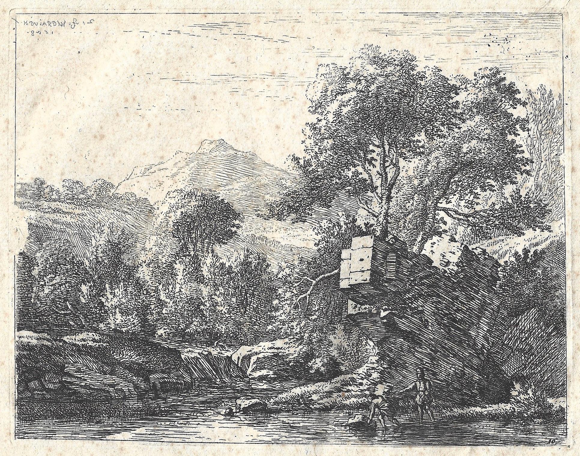 Karel Dujardin Landscape Print - Two men standing ankle-deep in a body of water, rocky outcrop ... hilltop