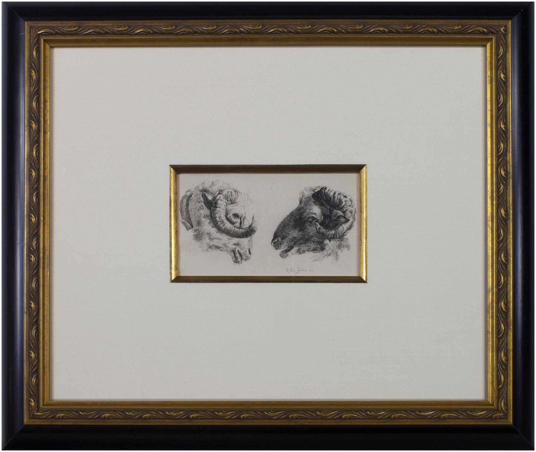 « Deux béliers se faisant face », gravure originale signée par Karel DuJardin - Gris Animal Print par Karel Dujardin