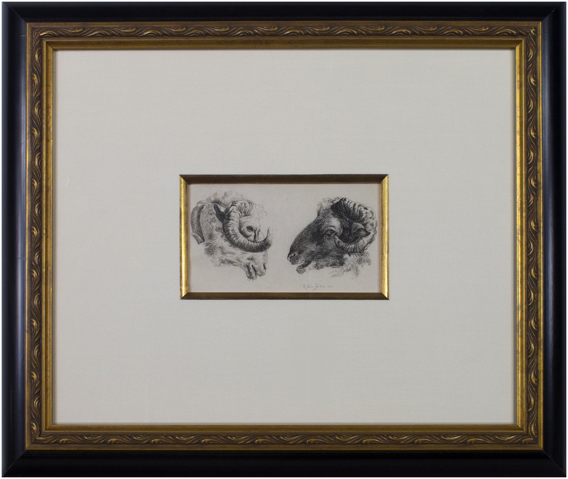 aguafuerte del siglo xvii grabado animal boceto carnero oveja blanco y negro firmado - Animal Print Gris de Karel Dujardin