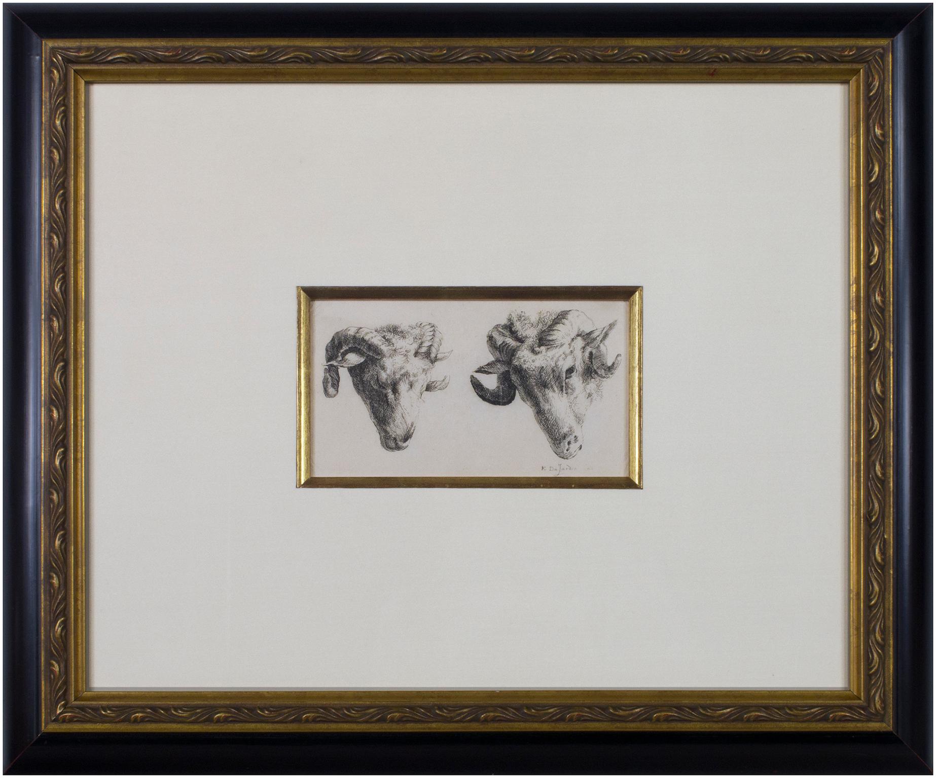 aguafuerte del siglo xvii grabado animal boceto carnero oveja blanco y negro firmado - Animal Print Gris de Karel Dujardin