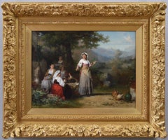19th Century genre landscape oil painting of Italian women spinning thread 