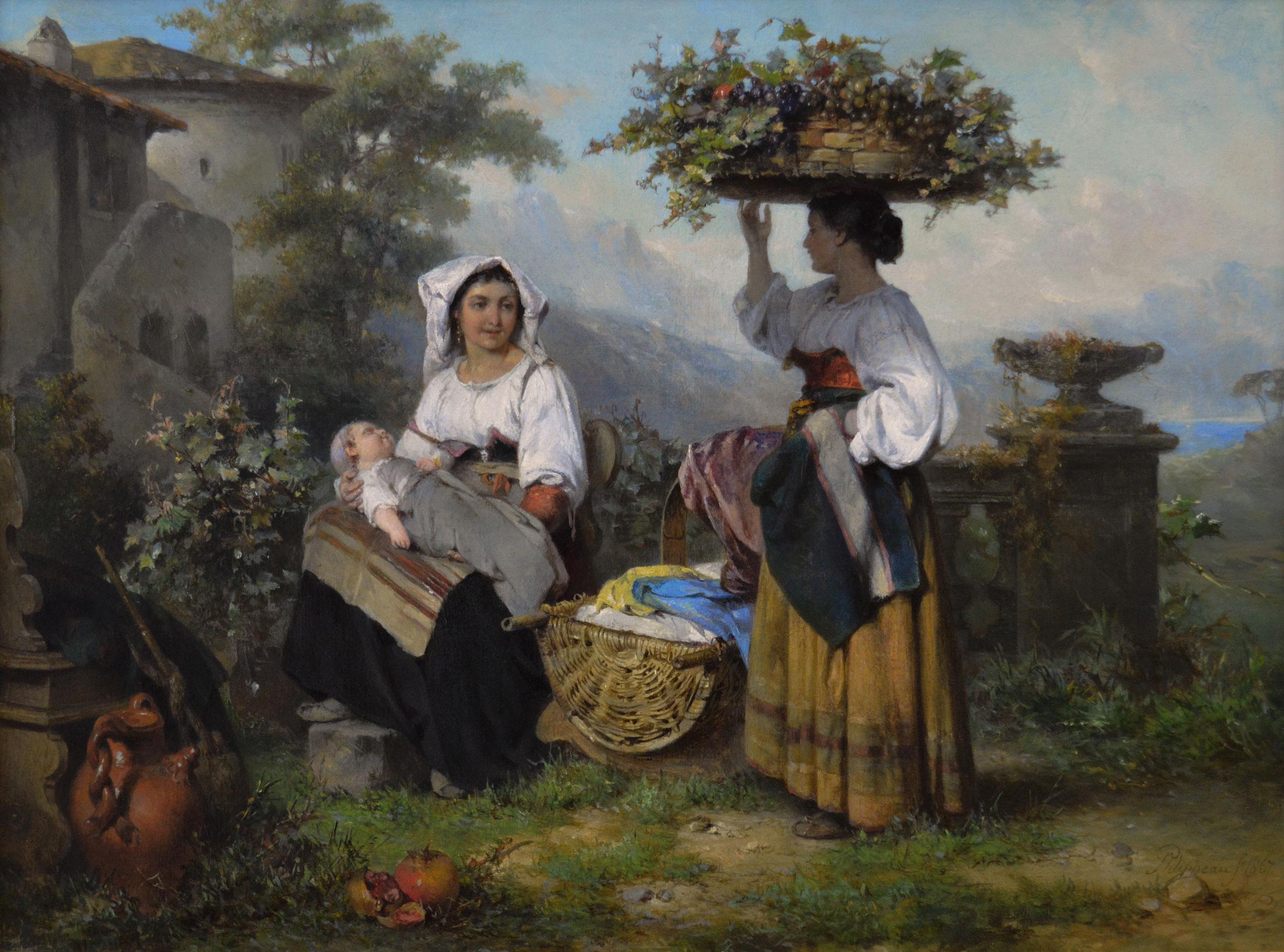 19th Century genre landscape oil painting of two Italian women near a vineyard - Painting by Karel Frans Philippeau