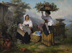 19th Century genre landscape oil painting of two Italian women near a vineyard