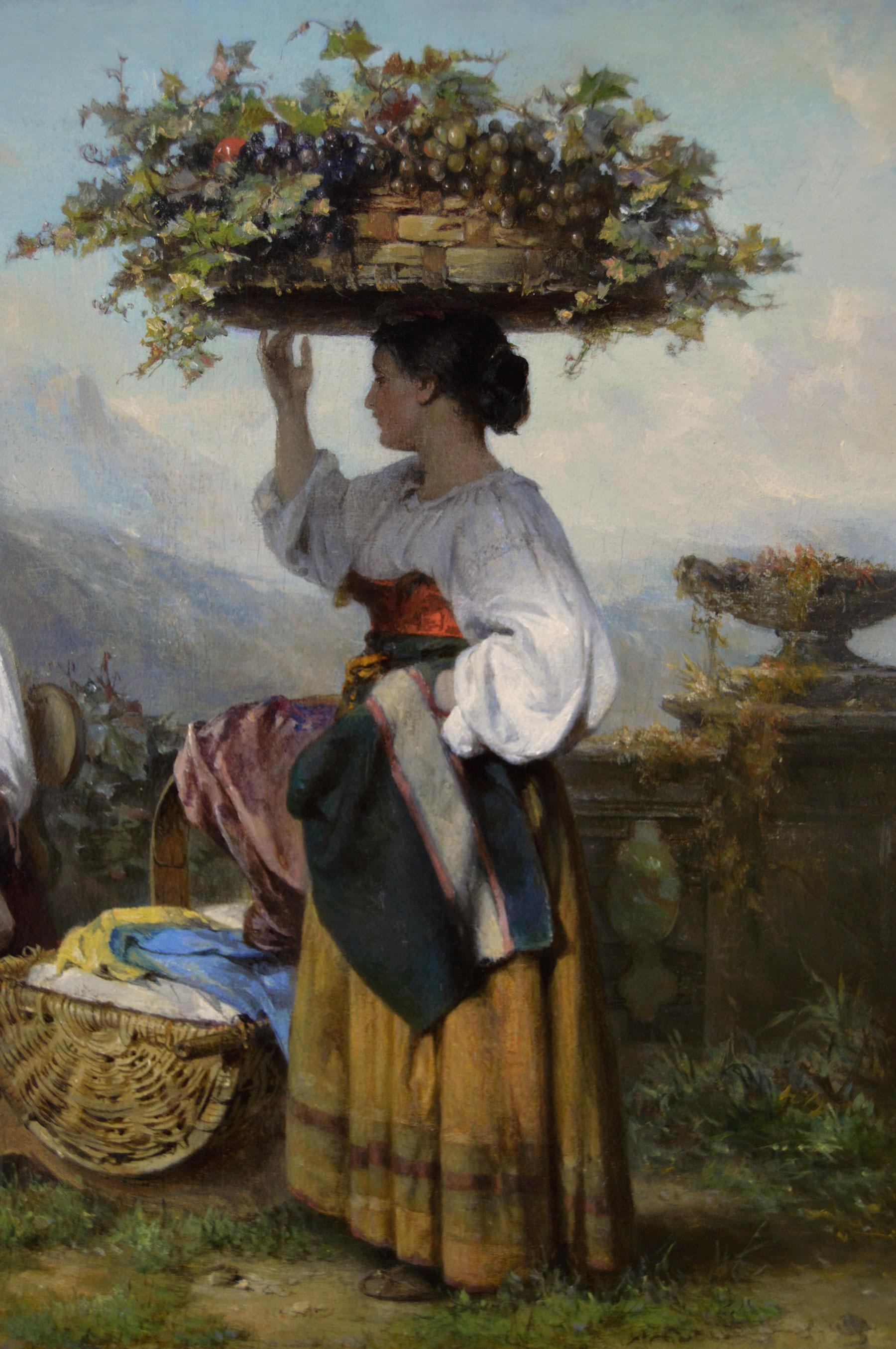 Genre-Landschaftsgemälde des 19. Jahrhunderts, Ölgemälde zweier italienischer Frauen in der Nähe eines Weinguts (Braun), Figurative Painting, von Karel Frans Philippeau