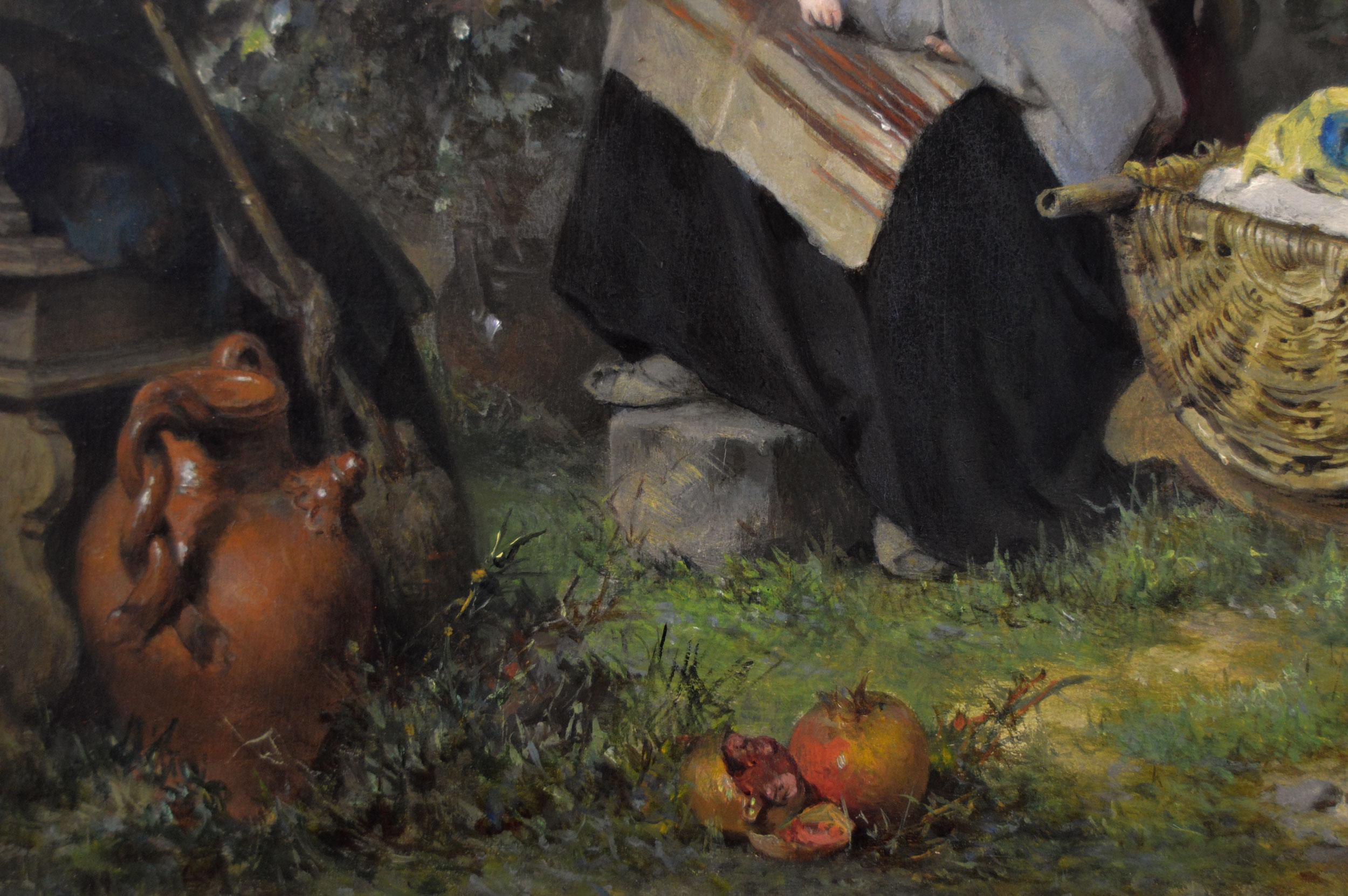 Karel Frans Philippeau
Dutch, (1825-1897)
Home from the Vineyard
Oil on panel, signed & dated 1867 with old label verso 
Image size: 11.25 inches x 15.25 inches 
Size including frame: 18.5 inches x 22.5 inches
Provenance: The Collection of Mrs Kemp