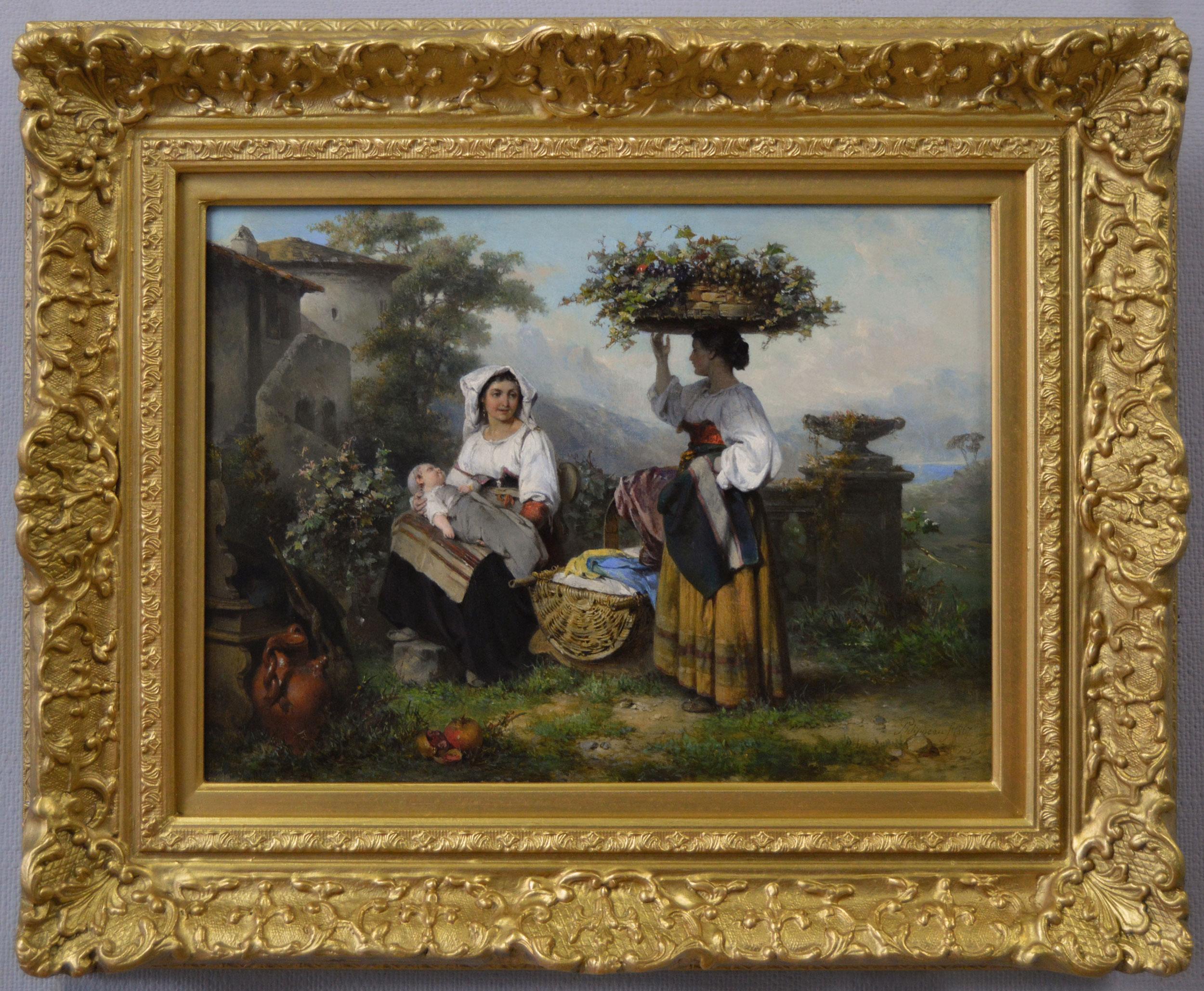 19th Century genre landscape oil painting of two Italian women near a vineyard