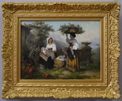 19th Century genre landscape oil painting of two Italian women near a vineyard