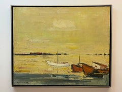 Paesaggio modernista olandese con barche sulla riva