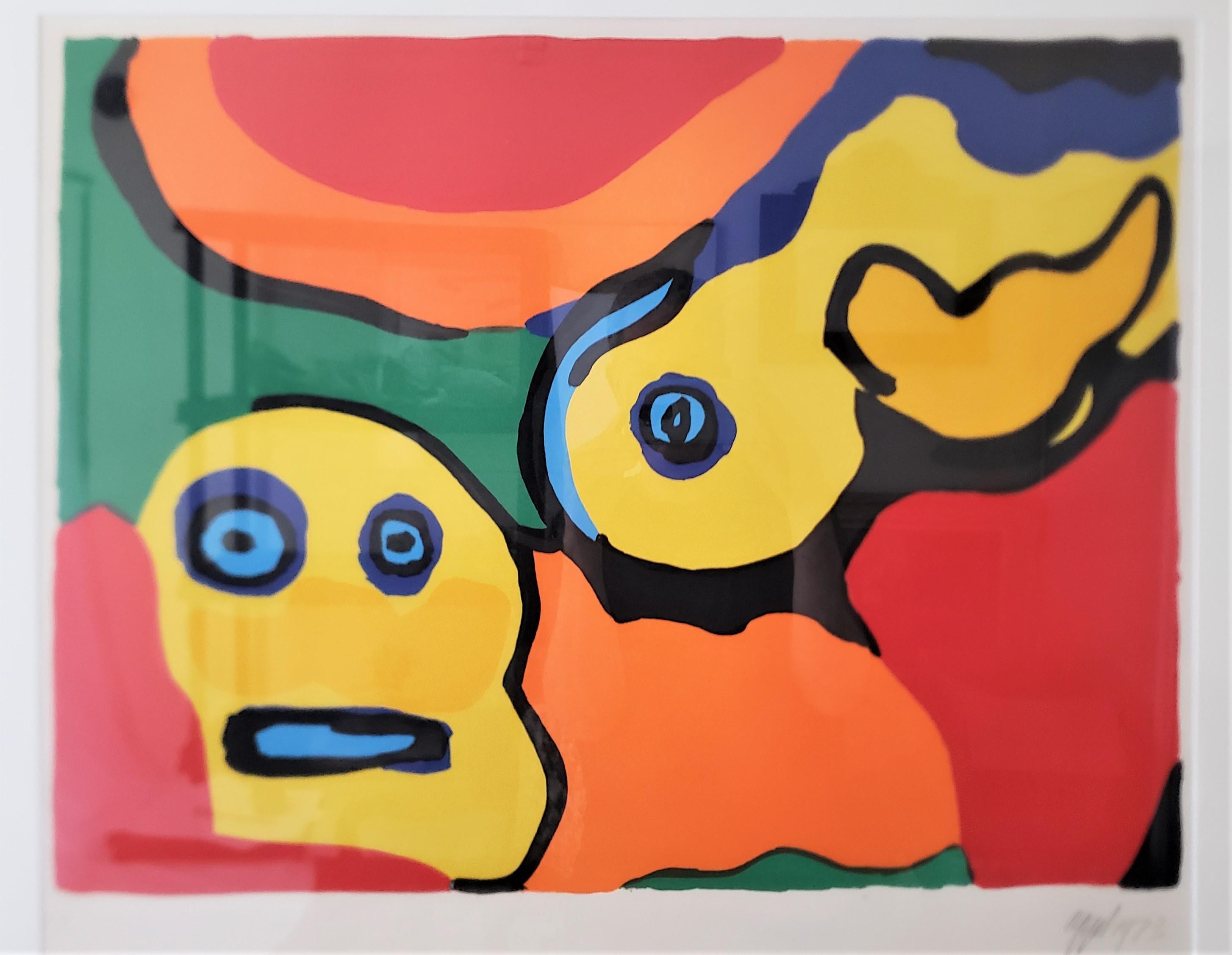 This lithograph was done by the well known Karel or Karl Appel of the Netherlands in 1973 in his Modernist style. The print is done in vivid colors and is pencil marked 