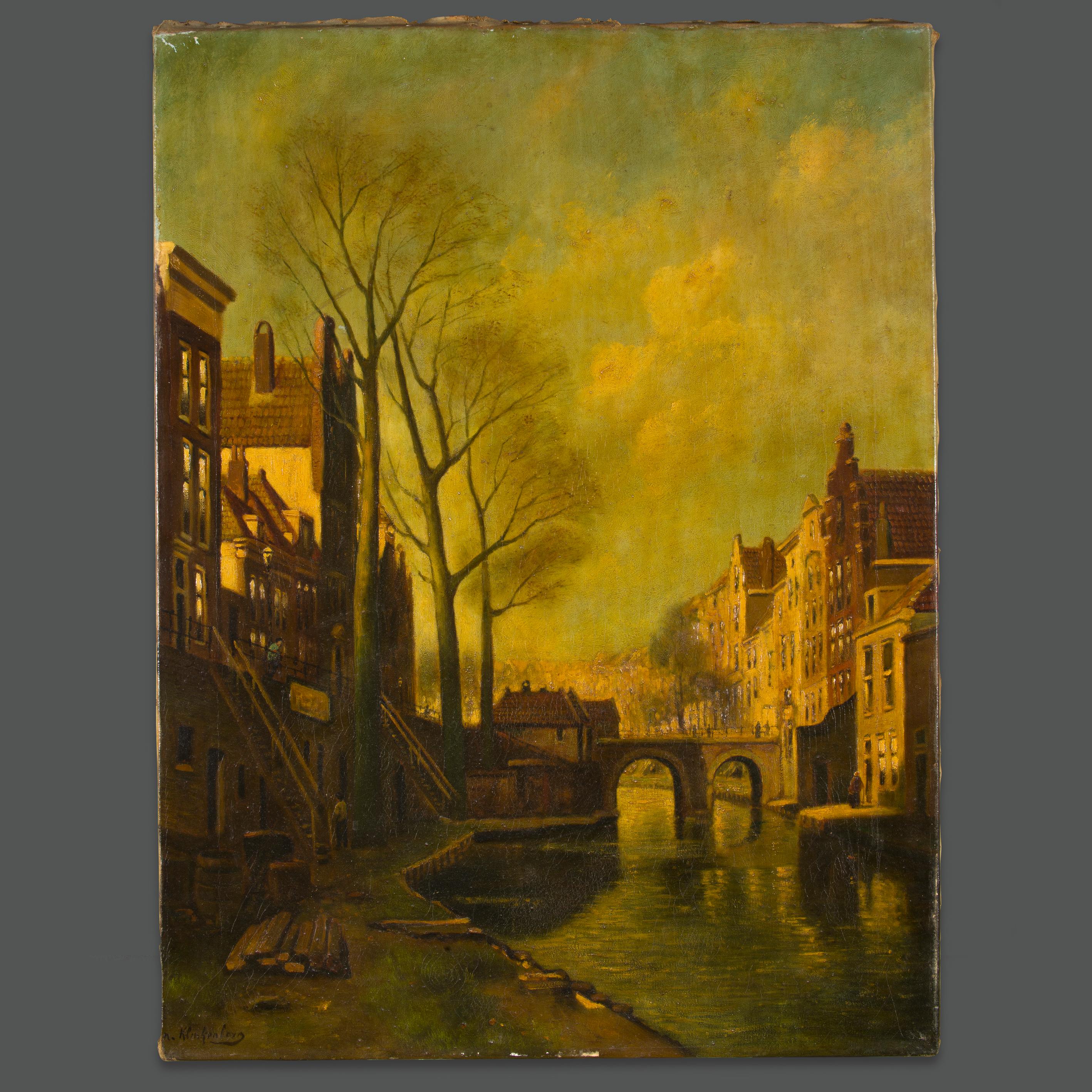 Beautiful and important painting by the great Dutch artist Karel Klinkenberg who lived at the turn of the 19th and 20th centuries.
It depicts a canal in Utrecht depicted with his usual precision attentive to every detail.
Another characteristic of