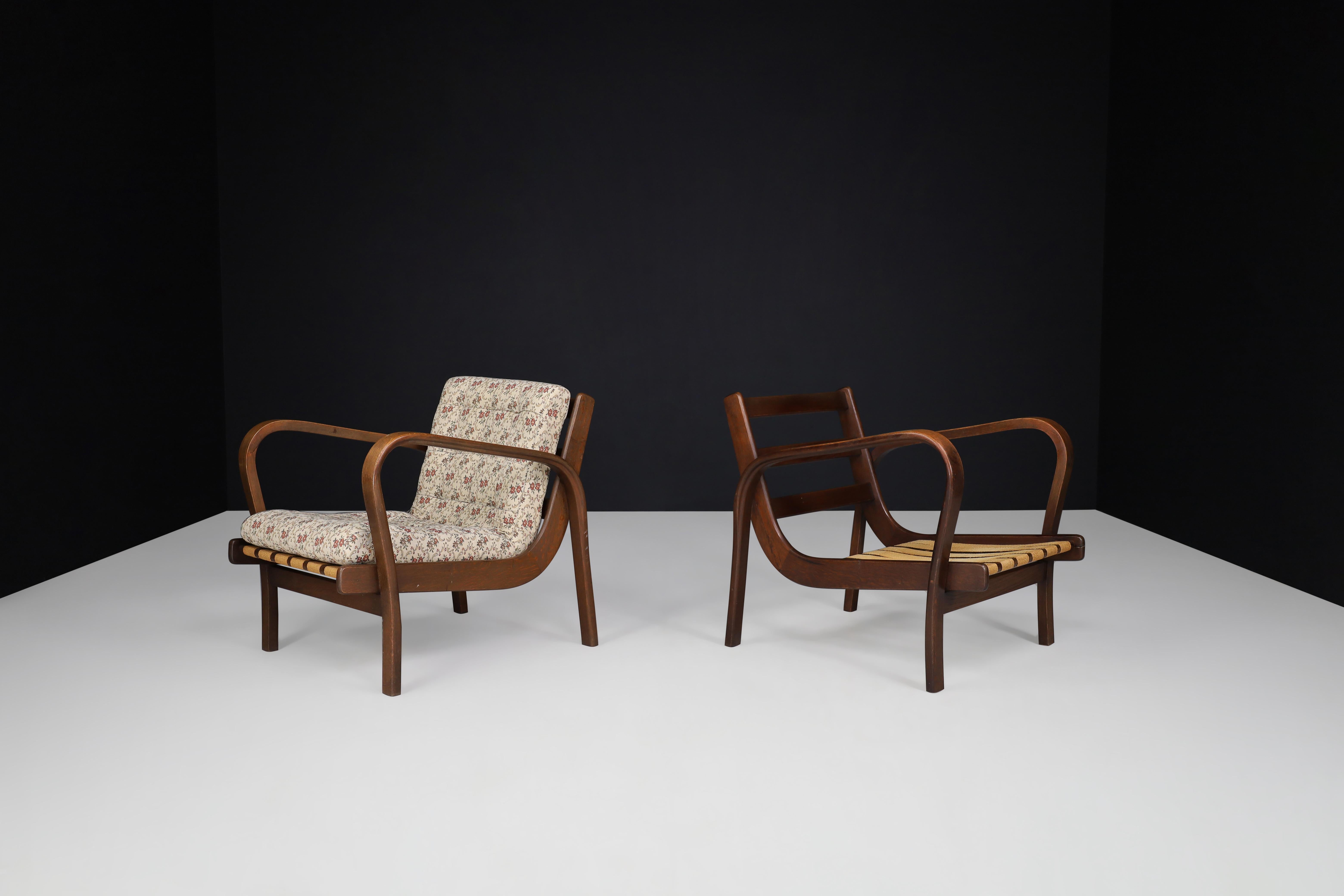 Karel Koželka & Antonín Kropácek Bentwood Armchairs in Floral Fabric 5