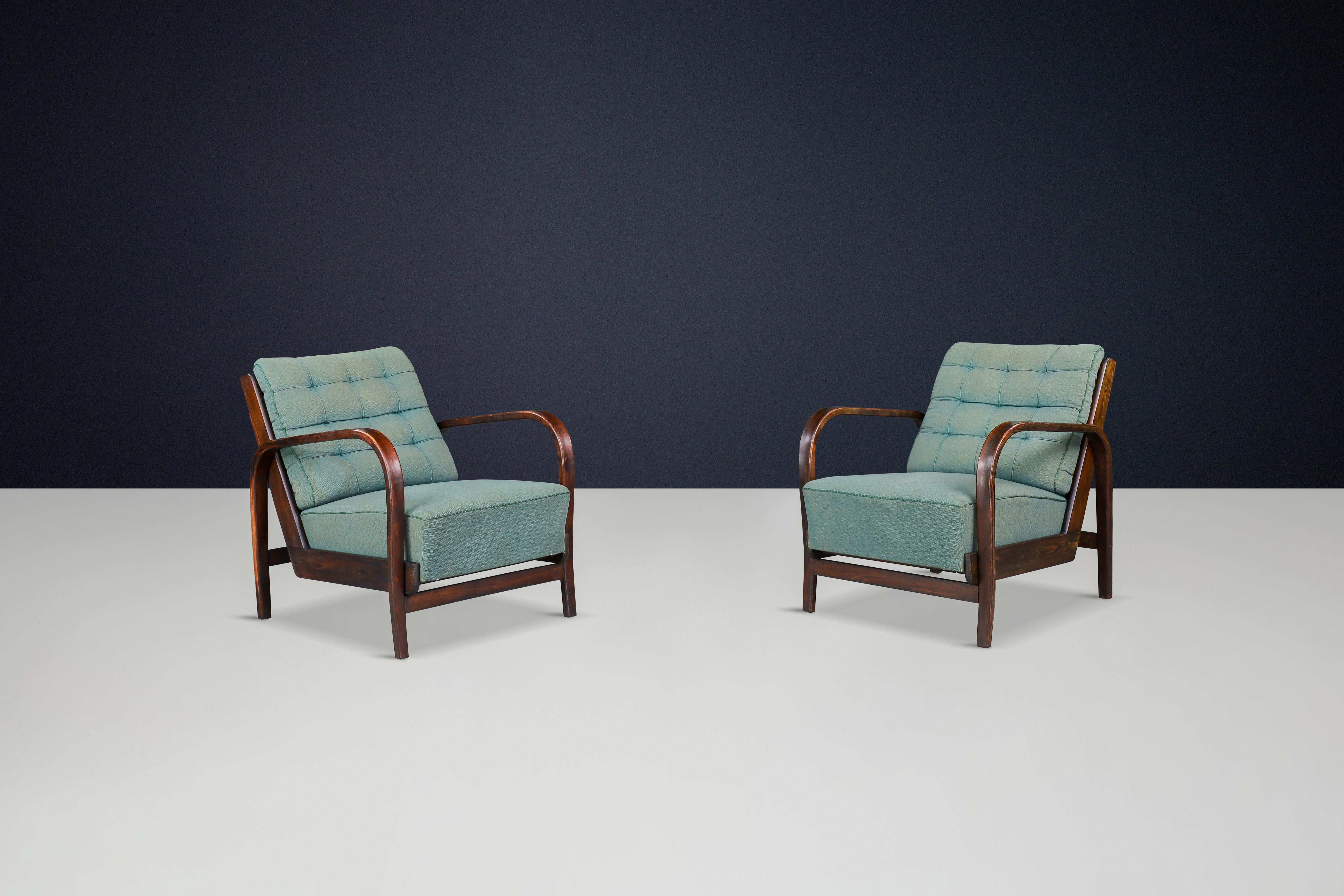 Karel Koželka Antonín Kropácek Patinated Bentwood Armchairs in Green Upholstery 4