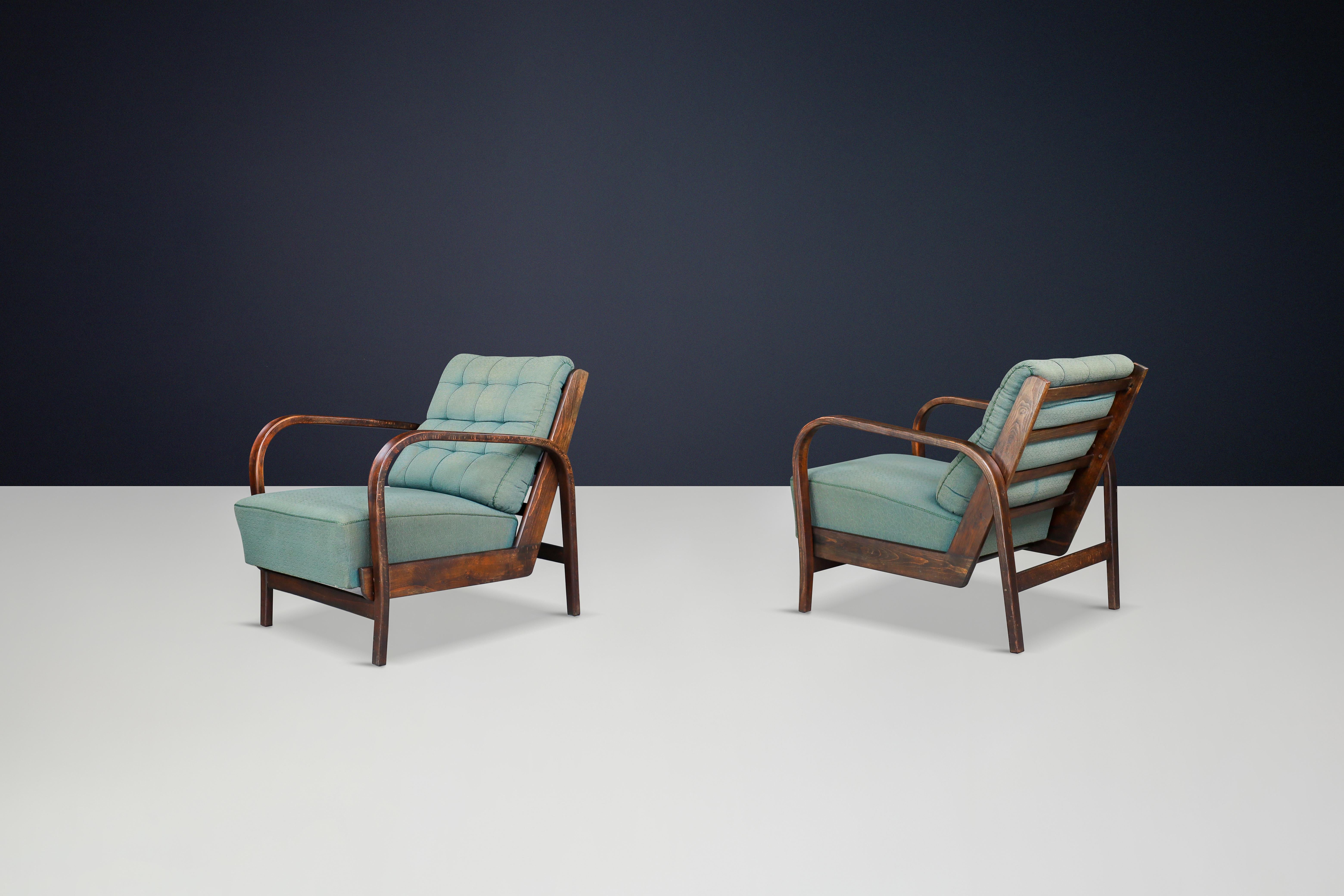 Mid-Century Modern Karel Koželka Antonín Kropácek Patinated Bentwood Armchairs in Green Upholstery