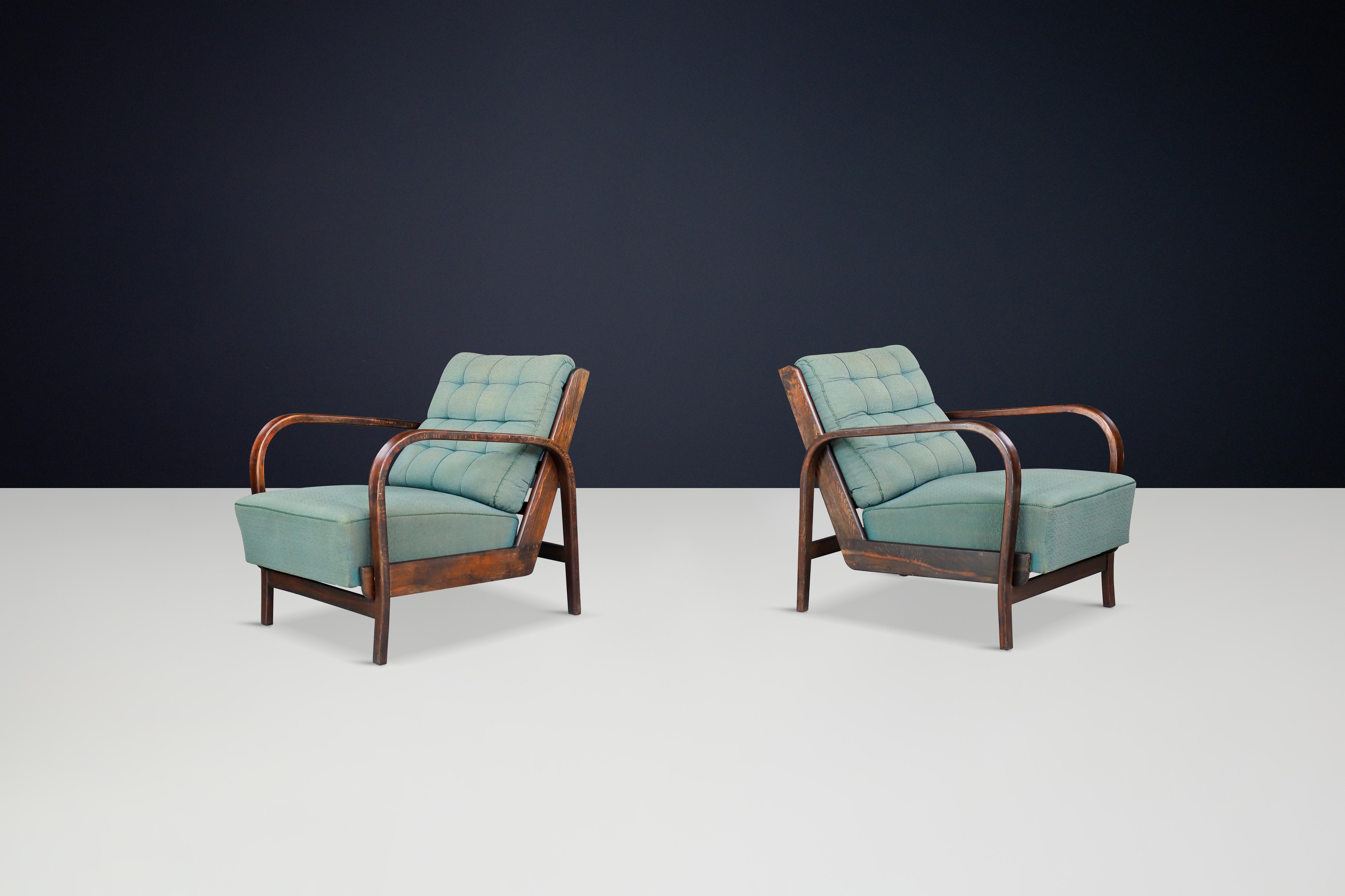 Czech Karel Koželka Antonín Kropácek Patinated Bentwood Armchairs in Green Upholstery