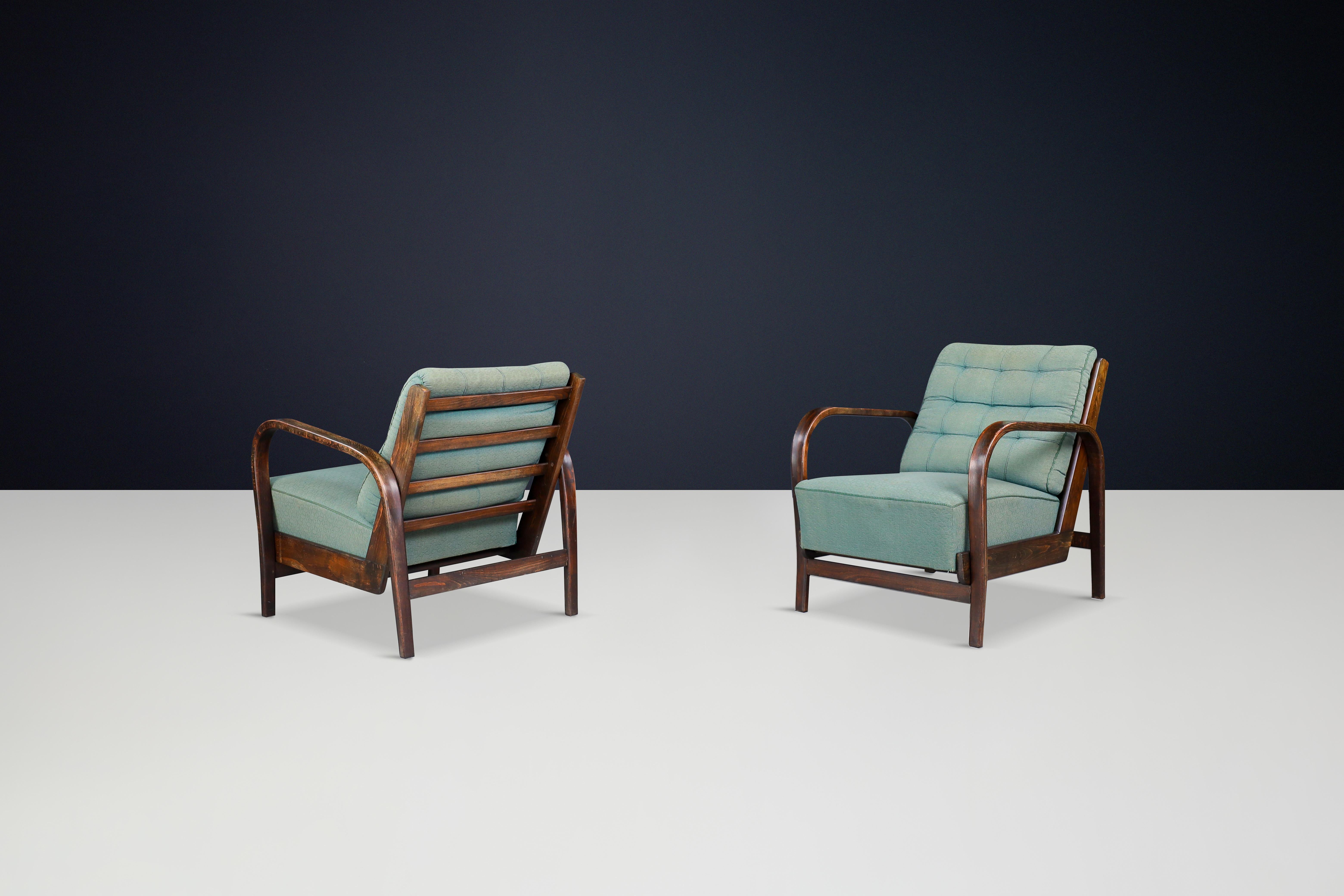 20th Century Karel Koželka Antonín Kropácek Patinated Bentwood Armchairs in Green Upholstery